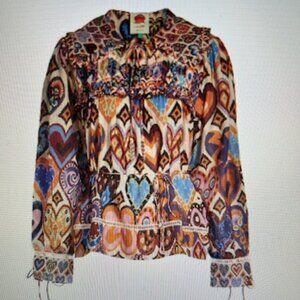 Farm Rio Hearts Ikat Cream Long Sleeves 100% Cotton Blouse